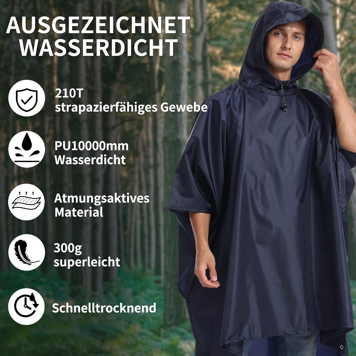 Detalle 2 de Opret Wasserdicht Regenponcho – 3-in-1 Multifunktional, Navyblau, 210T Polyester mit PU-Beschichtung