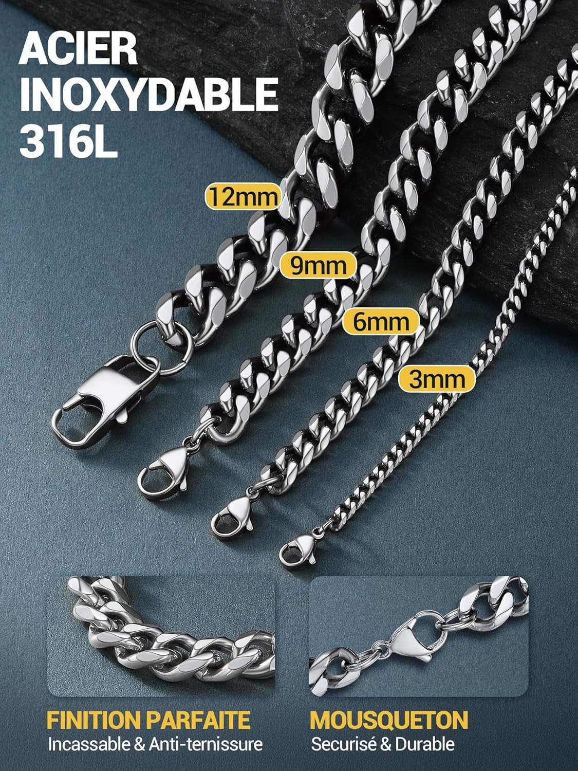 Thumbnail 4 de PROSTEEL Chaîne cubaine pour homme et femme en acier inoxydable plaqué or (3/6/9/12 mm) – longueurs 36 à 76 cm