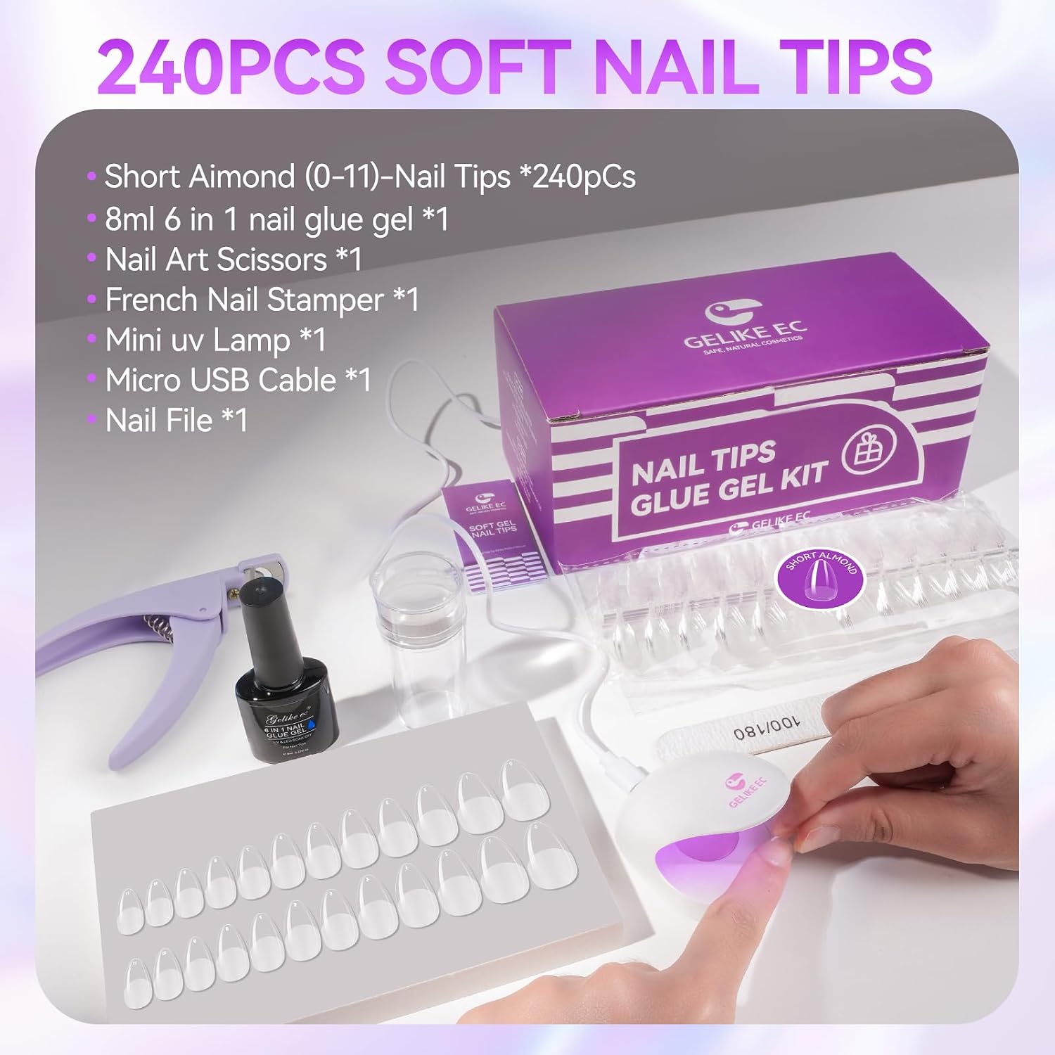 Detalle de Gelike ec Nagelspitzen und Nagelkleber Kit – Gel Nail X Extension Set (240 Soft Gel Tips, 8 ml Kleber, 18W Mini UV Lampe)