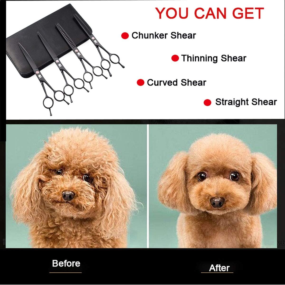 Detalle de Dream Reach Professional 7.0'' Dog & Cat Grooming Scissors Kit (4 pcs) - Curved, Thinning, Chunker & Straight