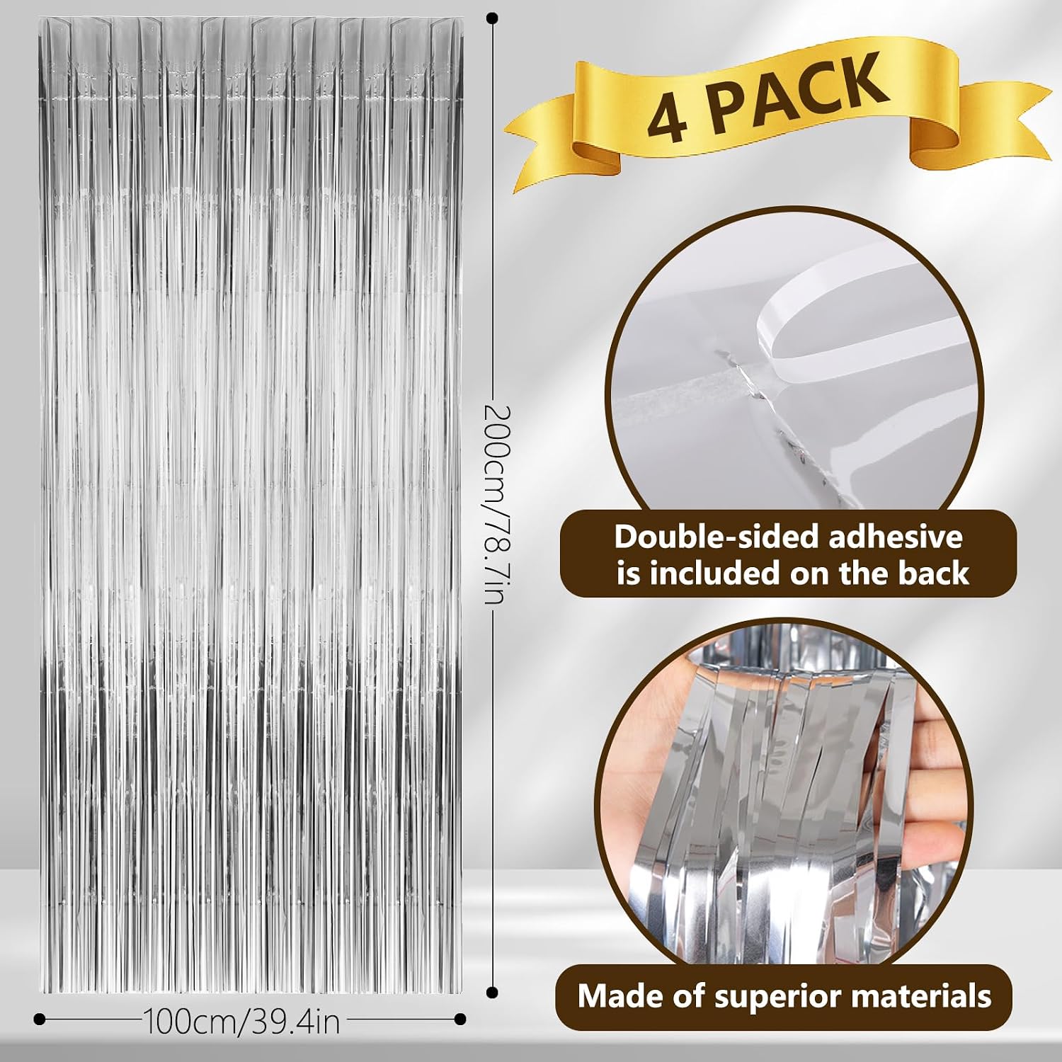 Thumbnail 2 de Bigqin 4 Pack Silver Tinsel Curtain Backdrop – 1m x 2m, Self-Adhesive Foil Curtains