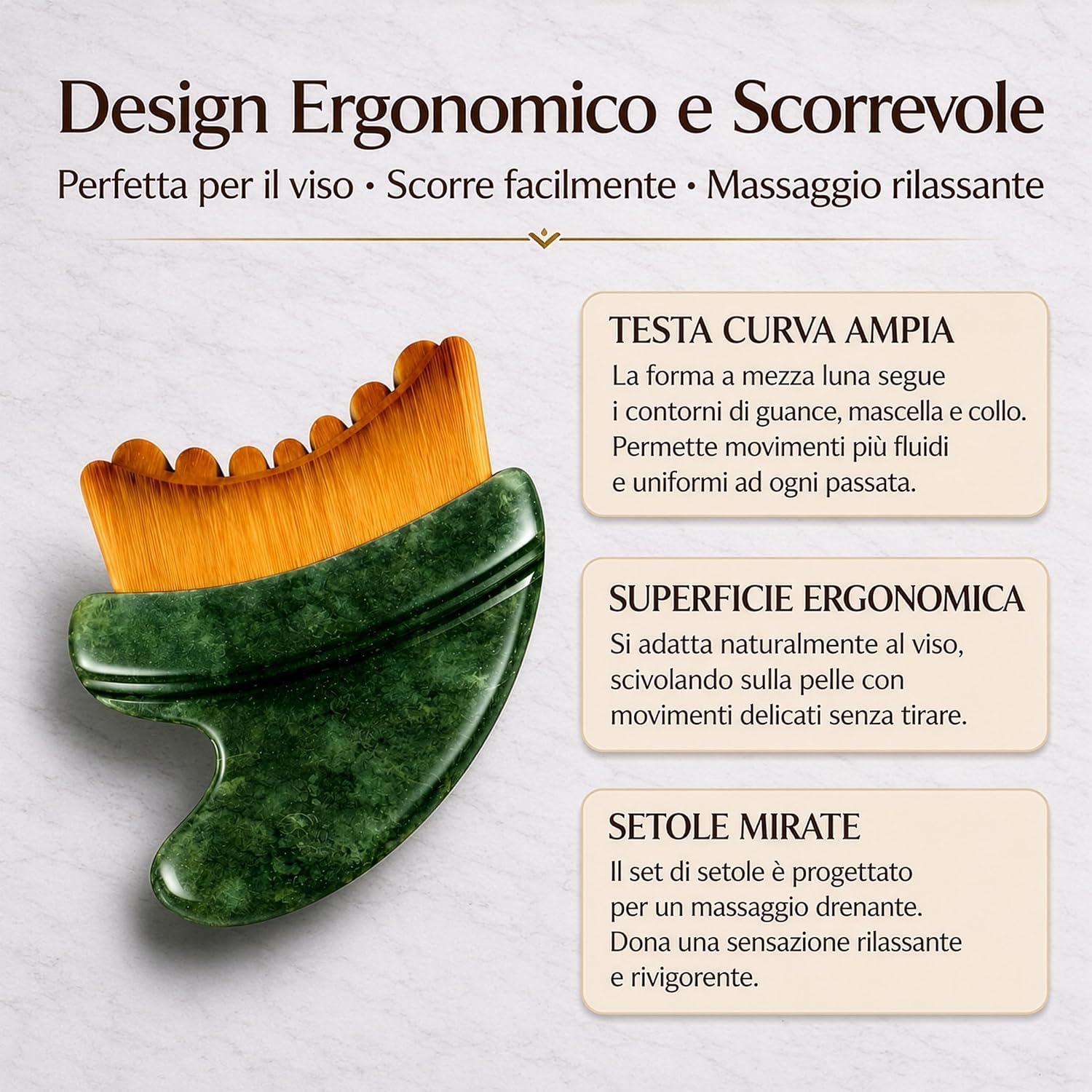 Detalle 2 de Gua Sha Viso in Giada Naturale 2 in 1 Aerthys – Massaggiatore Linfodrenante per Contorno Occhi, Viso e Mandibola