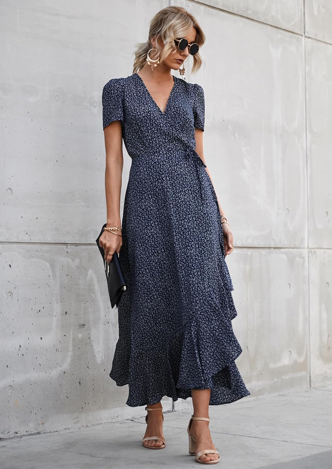 Thumbnail 3 de PRETTYGARDEN Women's Boho Floral Maxi Dress with V-Neck Wrap — Short Sleeves, Flowing Beach Maxi