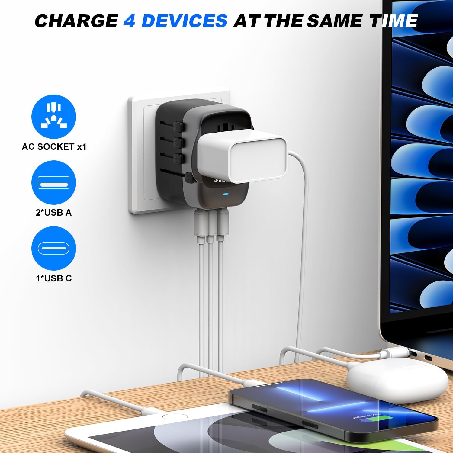 Thumbnail 2 de SAUNORCH Worldwide Travel Adapter with 2 USB-A & USB-C – universal plug for USA, UK, EU, AU (Thailand & 200+ countries)