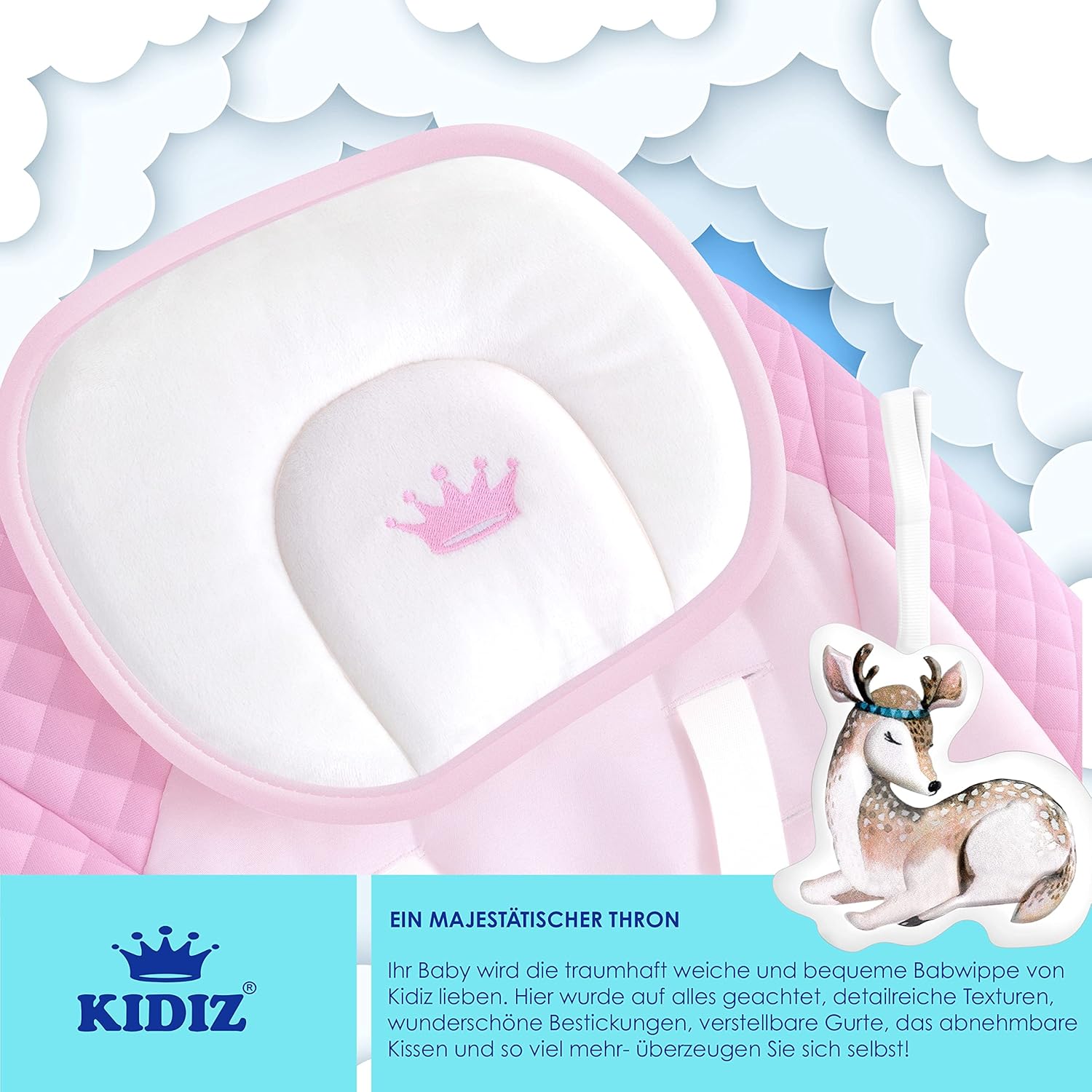 Thumbnail 3 de KIDIZ Babywippe Babyschaukel mit 5 Geschwindigkeiten – faltbar, mit Spielbogen und 5 Naturgeräuschen (Pink)