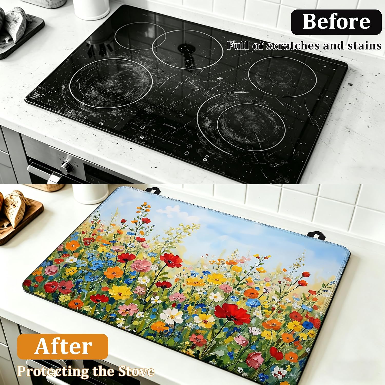 Detalle 2 de YIKTI Retro Oil Painting Stove Top Cover, 28 x 20 Inch, Heat-Resistant