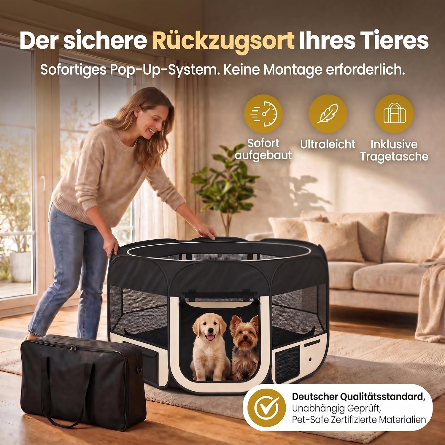 Detalle 2 de all Pets United Welpen-Laufstall / Tierlaufstall XXL für drinnen & draußen (Schwarz-Beige)