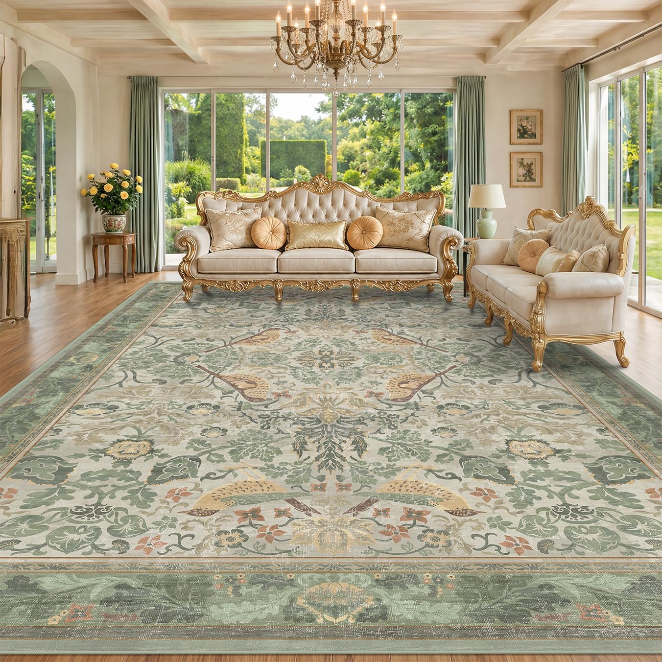 Detalle de Floral Washable Large Rugs 10x14 in Sage Green (Soft Non-Skid Low Pile, Machine Washable Indoor Area Rug)