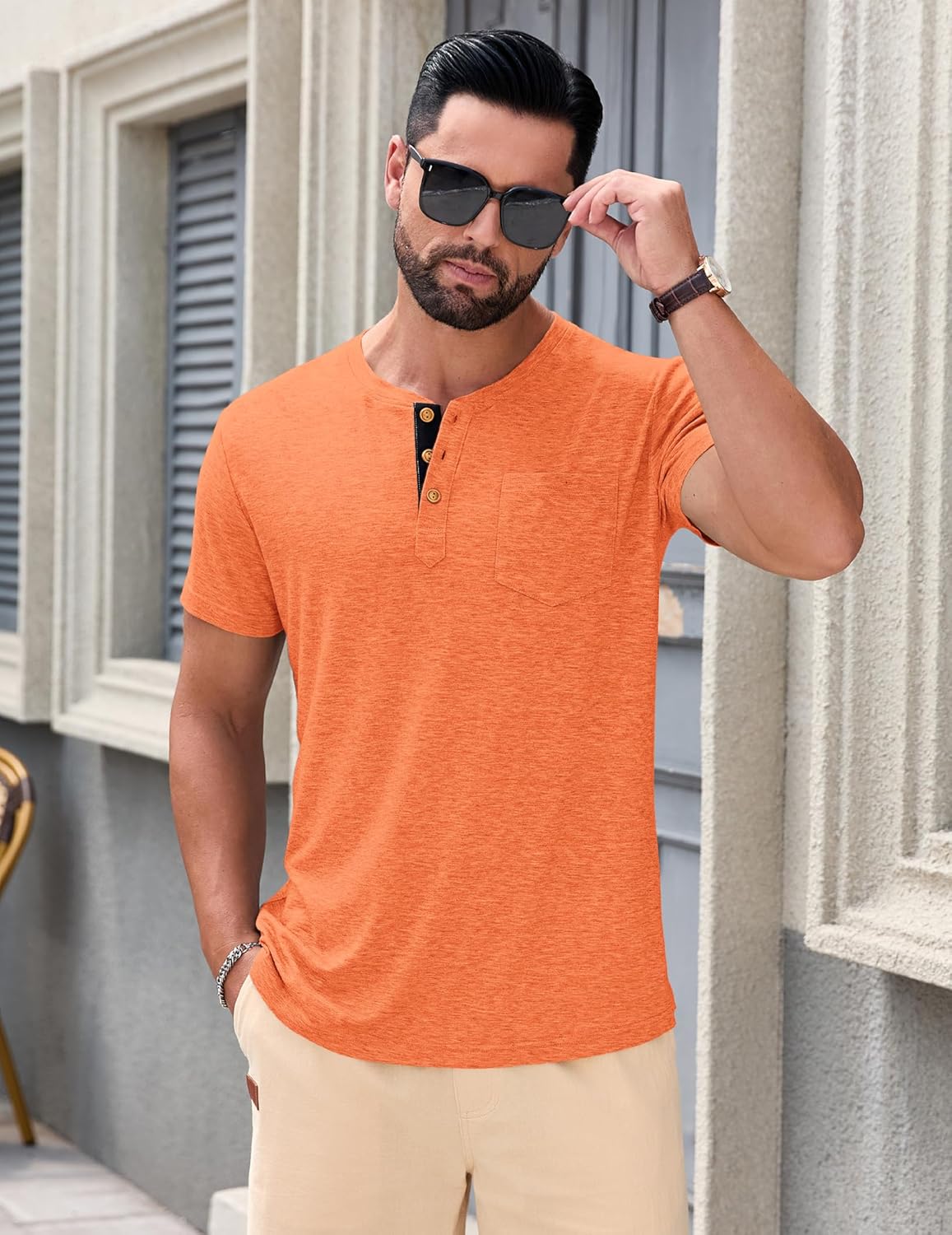 Detalle de TARAINYA Henley T-Shirt Homme coton à poche – Manches courtes, Regular Fit
