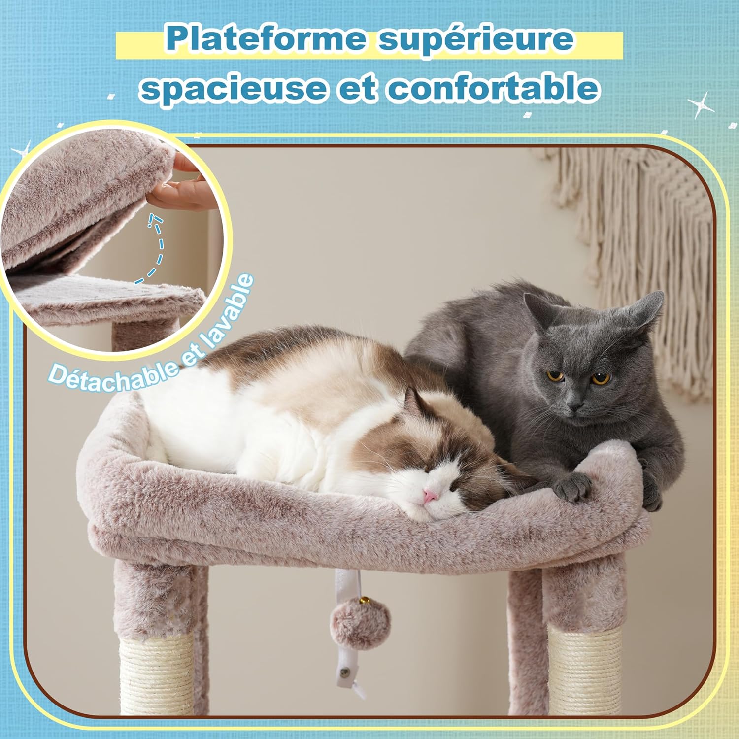 Detalle 2 de Hey-brother Arbre à Chat avec grande plateforme, hamac et 2 niches (beige-marron) MPJ071MU