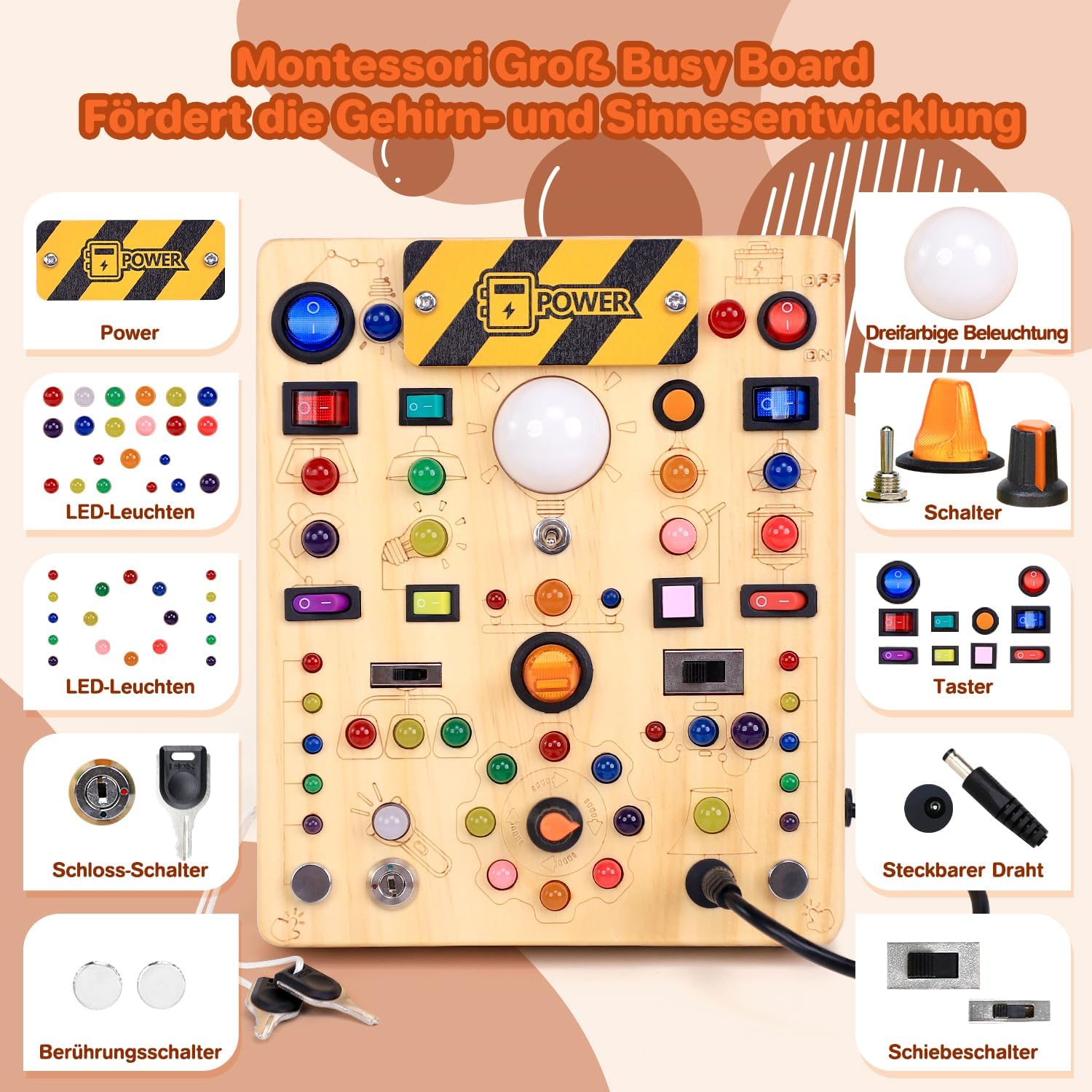 Thumbnail 1 de Montessori Busy Board aus Holz ab 1 Jahr mit 19 Schaltern und 40 LED-Leuchten (Activity Board)