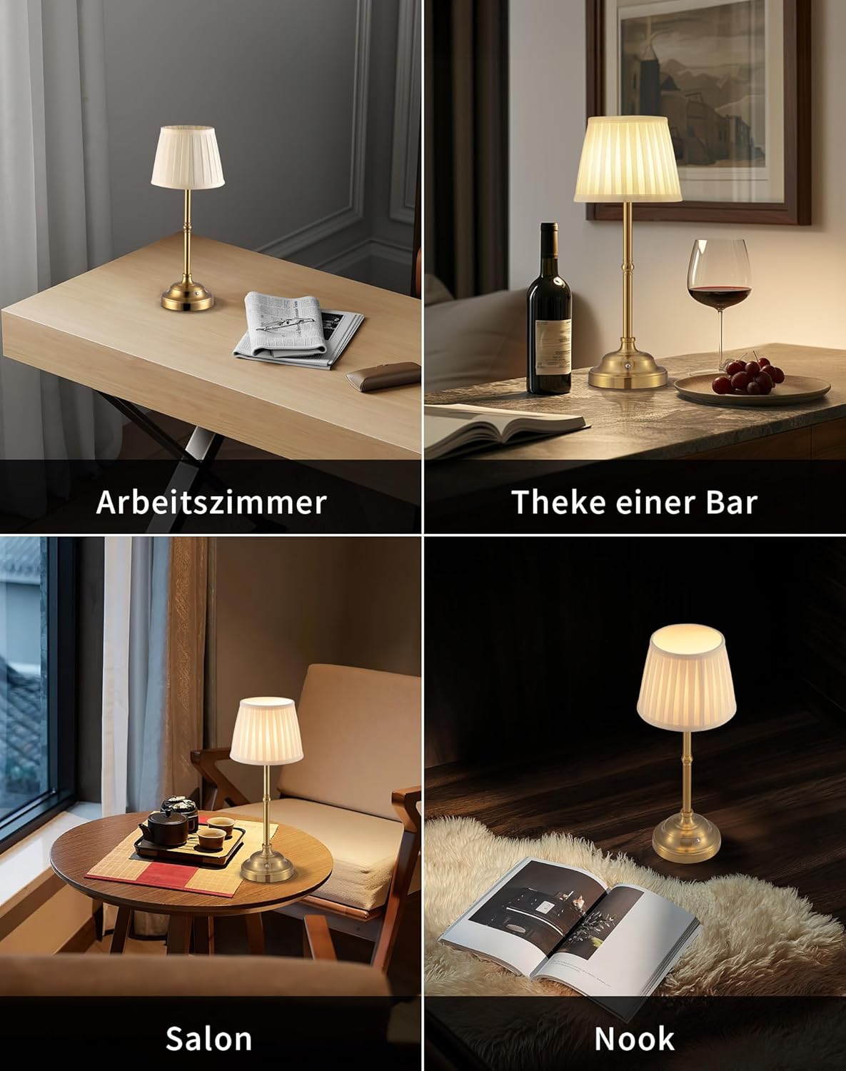 Detalle de VISDANFO Lampada da tavolo a LED senza fili – design retrò, batteria integrata 4000 mAh, dimmerabile, oro + beige