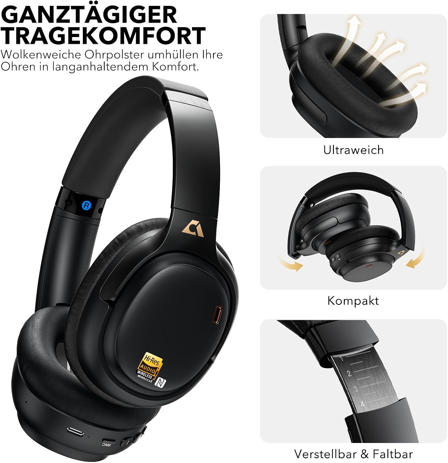 Thumbnail 5 de 1Mii E700 Bluetooth Over-Ear Kopfhörer mit ANC, LDAC/aptX Low Latency und App-EQ (schwarz)
