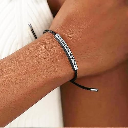 Detalle de Bramart bracelet homme gravé « Toujours avec toi Papa », acier et corde tressée