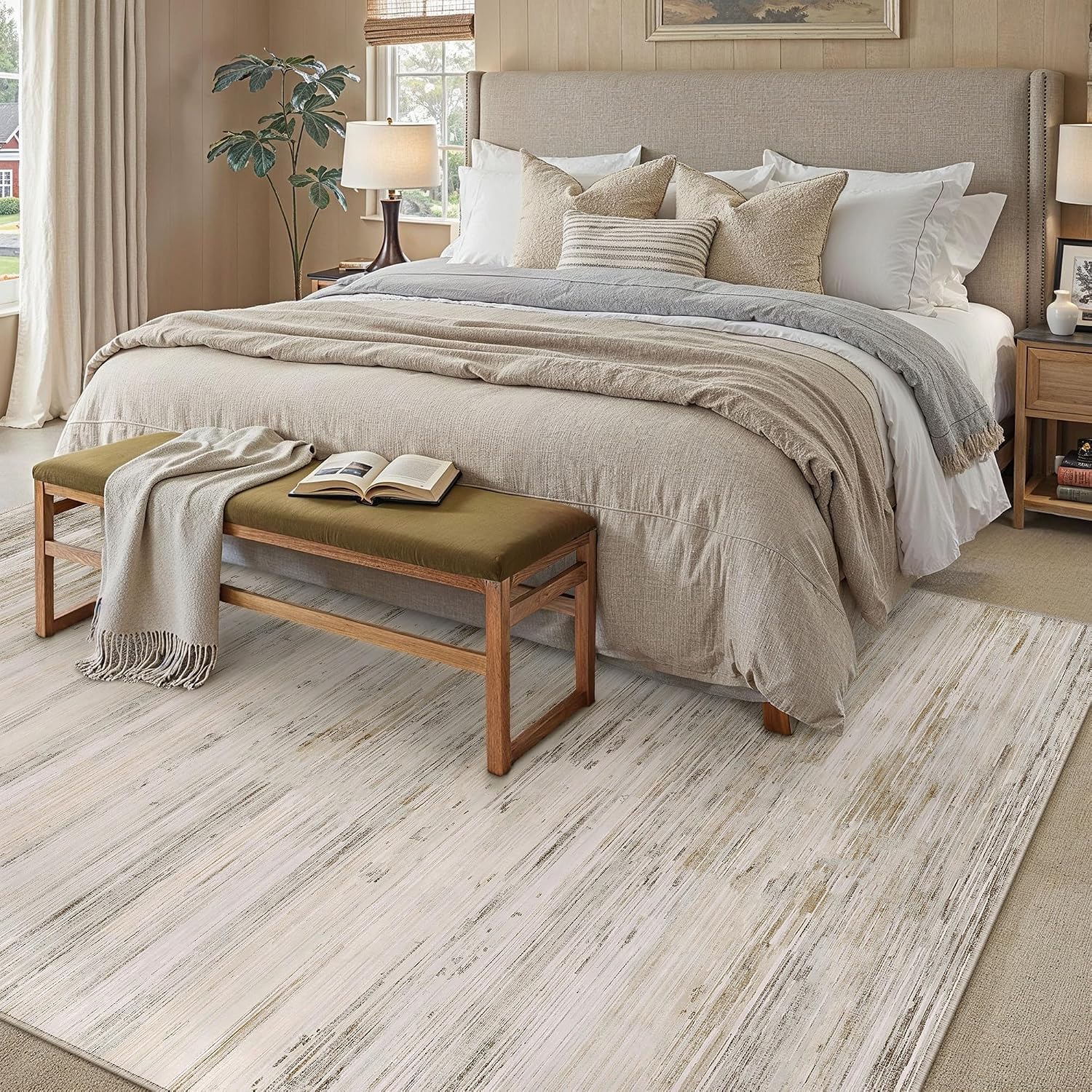 Detalle de PureCozy Beige Teppich 200x300 cm – abstrakt, waschbar, rutschfeste Kurzflor-Option für Wohnzimmer & mehr