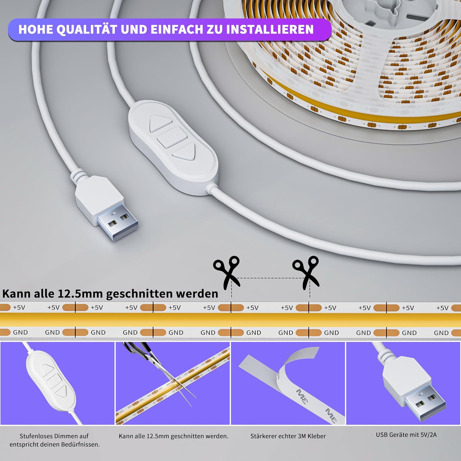 Detalle 2 de OULARA USB COB LED Streifen 5V (4000K, 3 m) dimmbar mit Speicherfunktion – warmweiß/natürliches Weiß