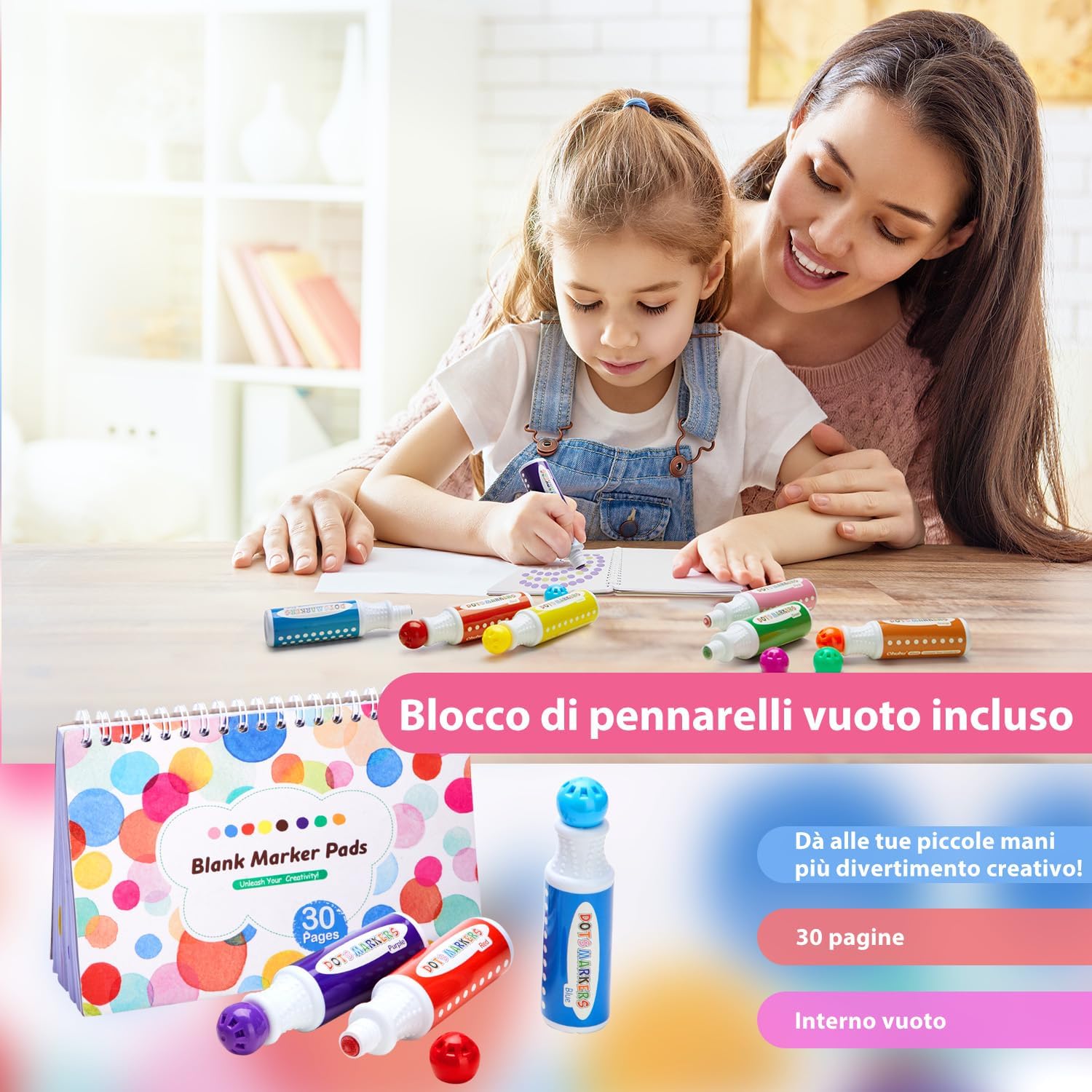 Detalle de Ohuhu pennarelli per bambini Bingo Marker con punta arrotondata, 8 colori super lavabili e libro attività (30 pagine) vuoto