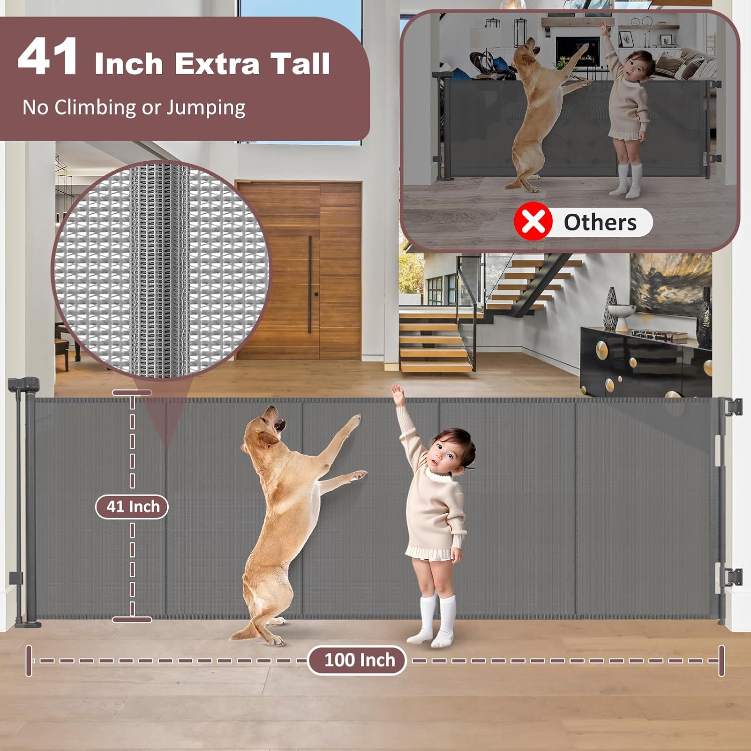 Detalle de 41" Extra Tall Retractable Pet Gate, Up to 100" Wide, Gray