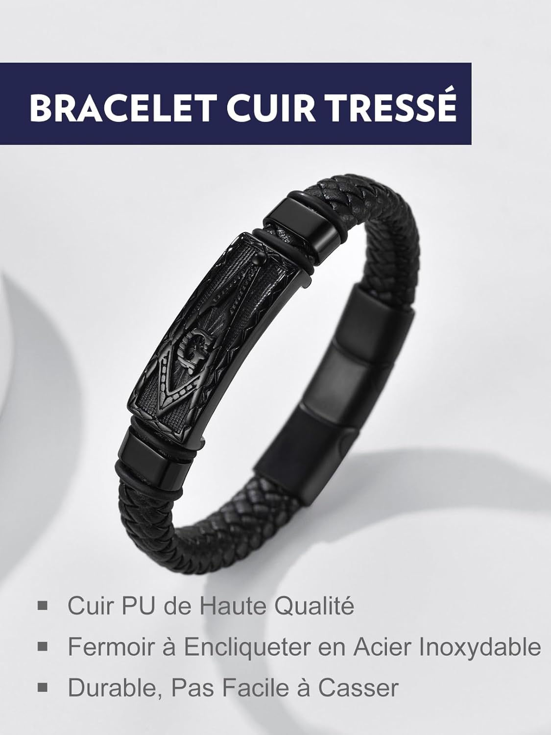 Thumbnail 3 de Bandmax Bracelet Homme Cuir PU Tressé Noir 21/23 cm avec Manchette Marteau