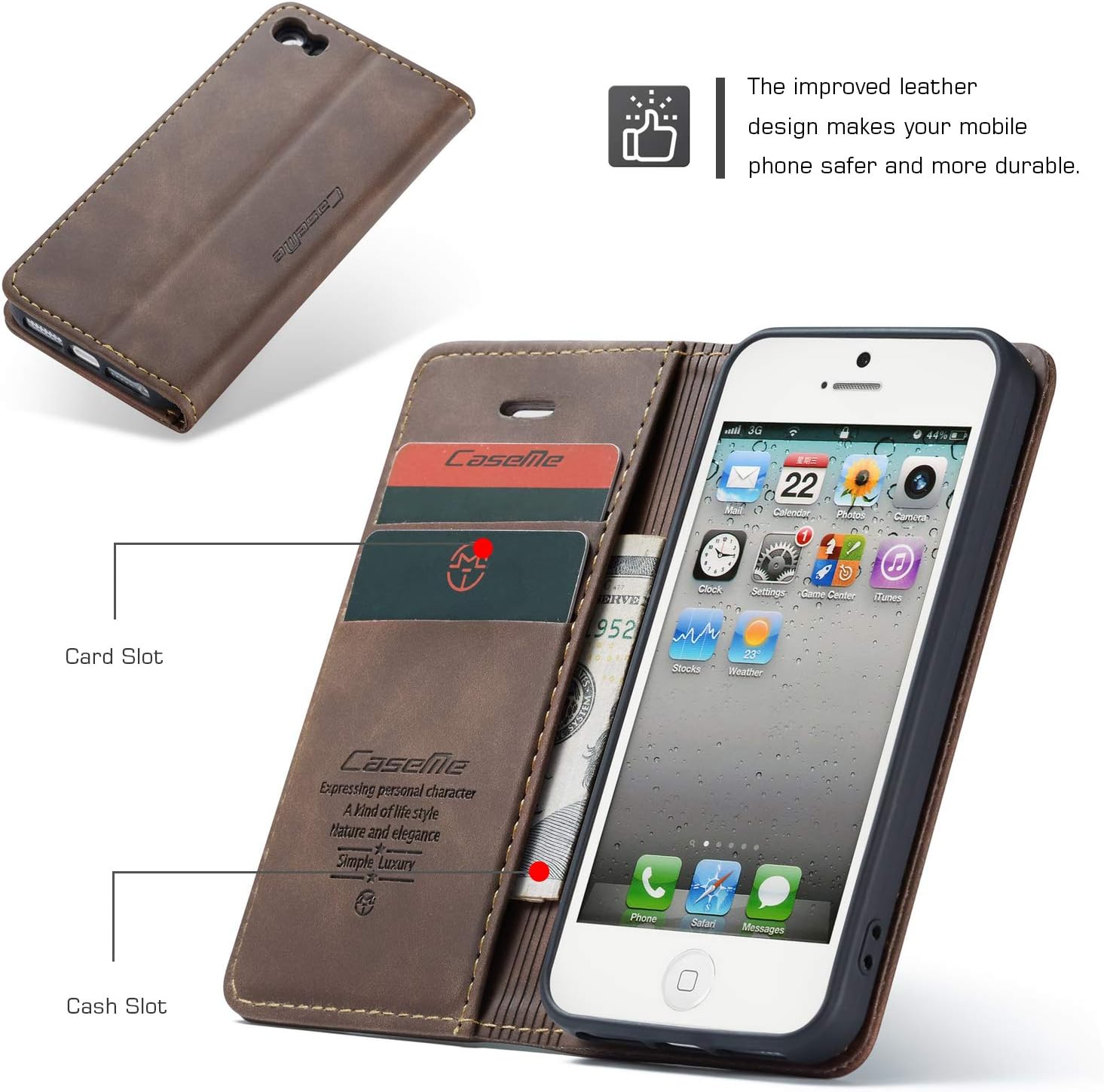 Detalle 2 de Phernykas Lederhülle mit Kartenfach für iPhone 5/5S – Magnetischer Klappschutz, Standfunktion, Kaffee