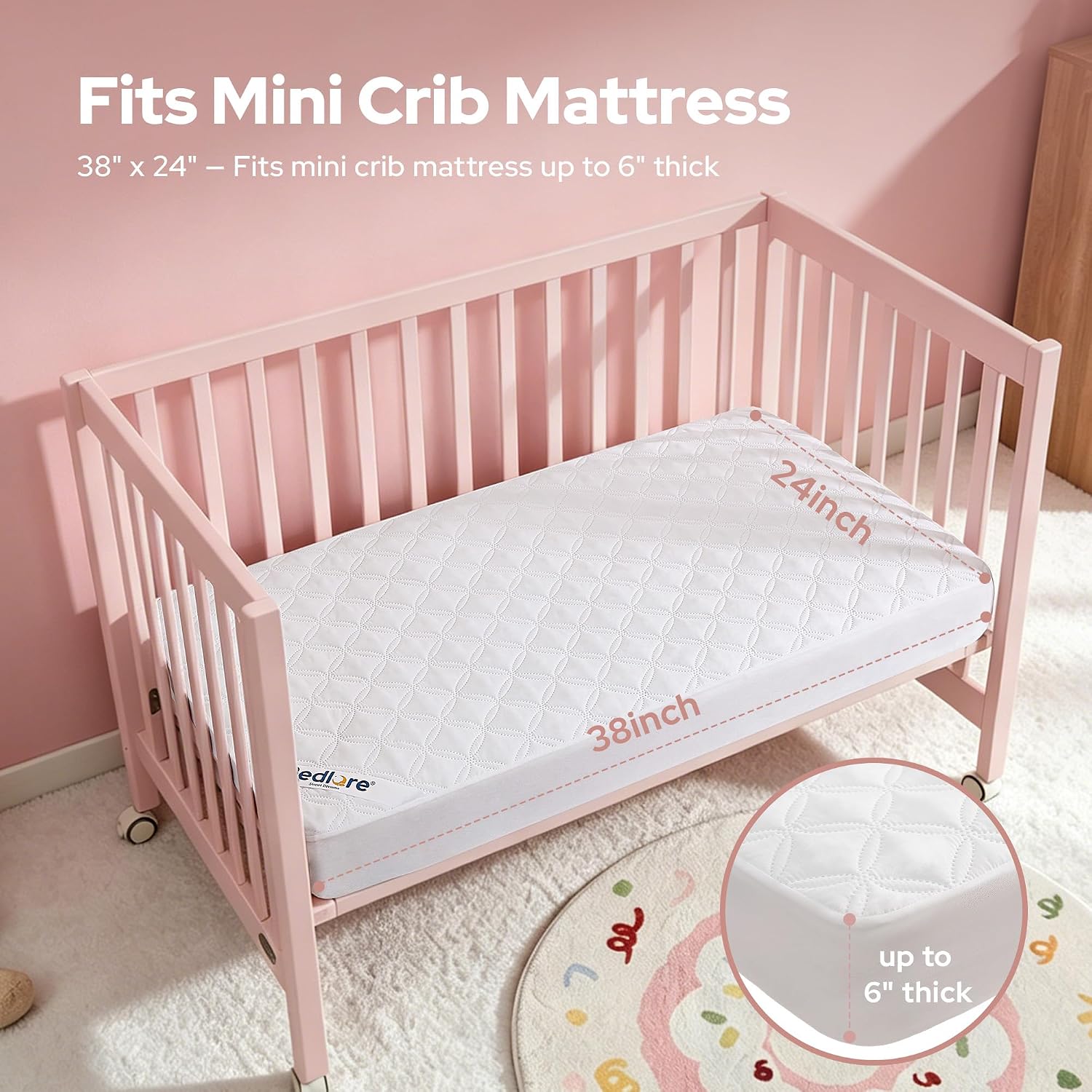 Detalle 2 de BEDLORE Mini Crib Mattress Protector, Waterproof 2-Pack, White, 38" x 24