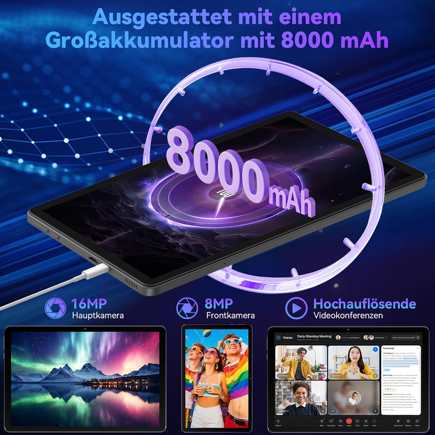 Detalle de 11 Zoll Tablet mit Tastatur – Android 16, Gemini AI, 32GB RAM + 128GB ROM (bis zu 1TB)