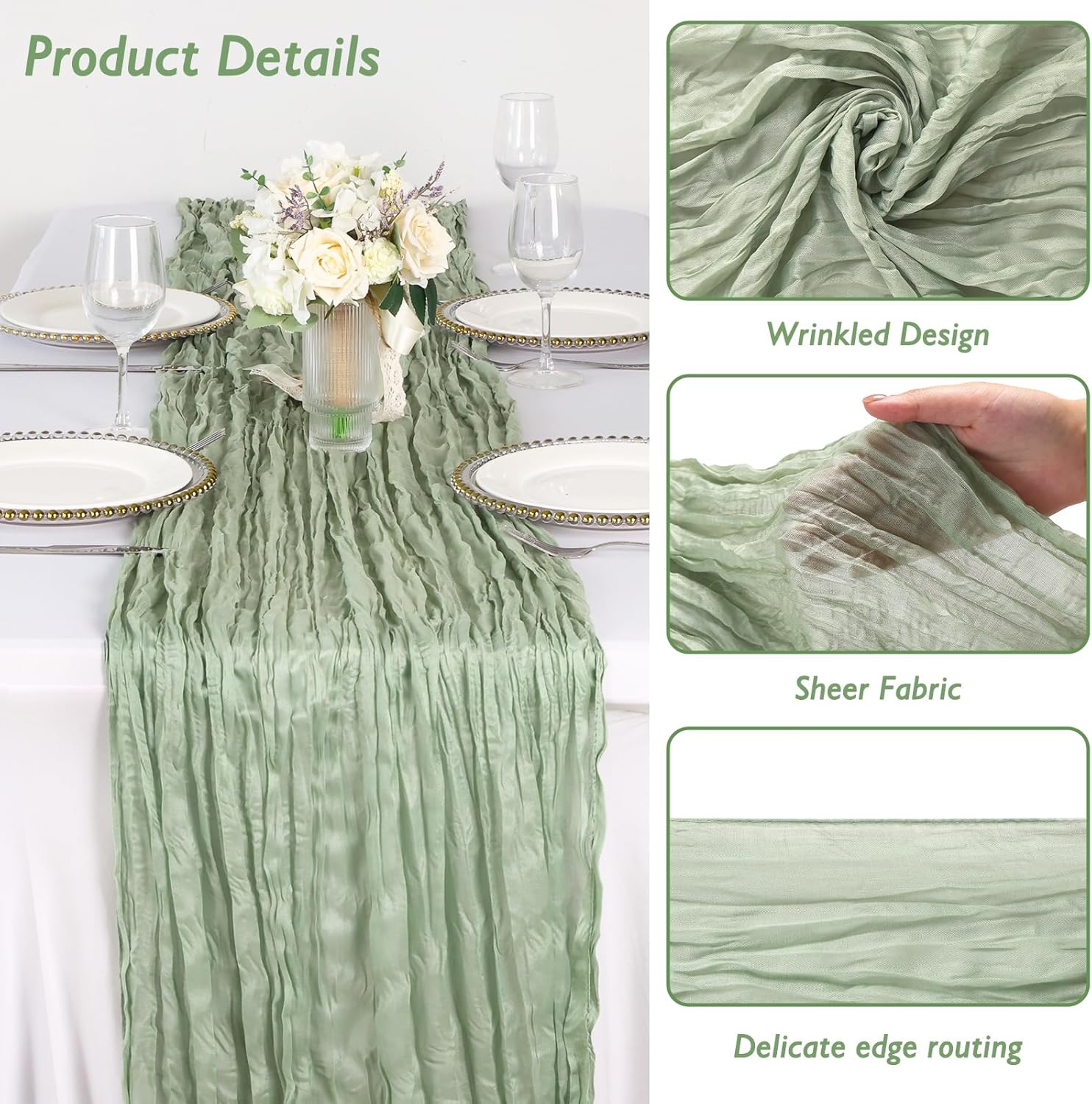 Detalle de 20 Pack Sage Green Cheesecloth Table Runner — 120 Inch Gauze Drapes for Boho Weddings and Events