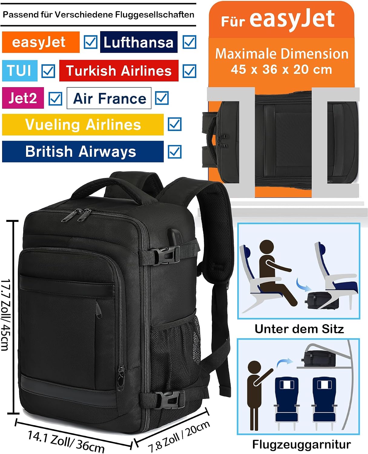 Detalle 2 de KLOSTAIN Handgepäck Rucksack 45x36x20