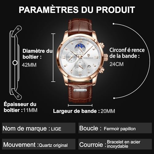 Detalle de LIGE Montre homme vintage chronographe, cuir, 3 ATM, cadran or et blanc
