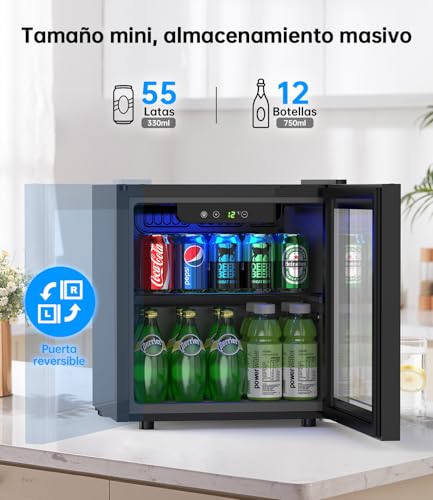 Detalle de WIE Nevera para Bebidas 36L: mini frigorífico expositor de 55 latas, puerta de cristal y No Frost