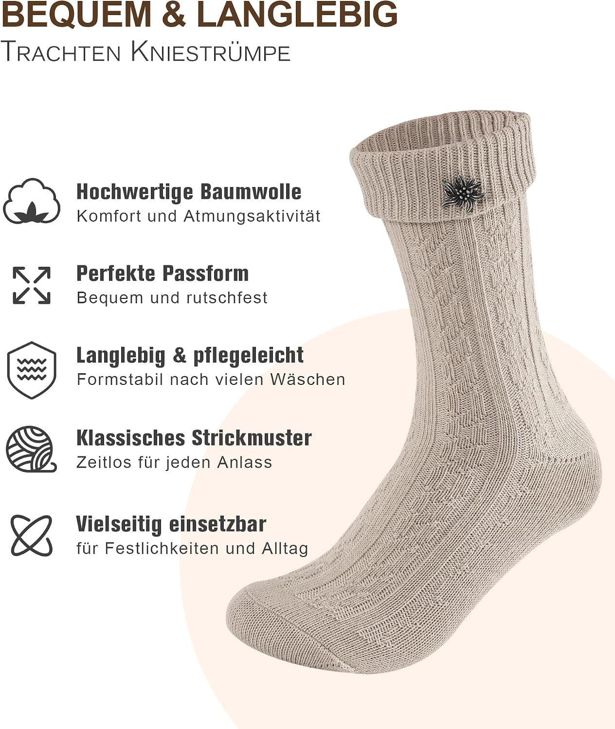 Detalle de Effeeet Kurze Trachtensocken für Herren & Damen – 1 Paar mit Edelweiß-Anstecker