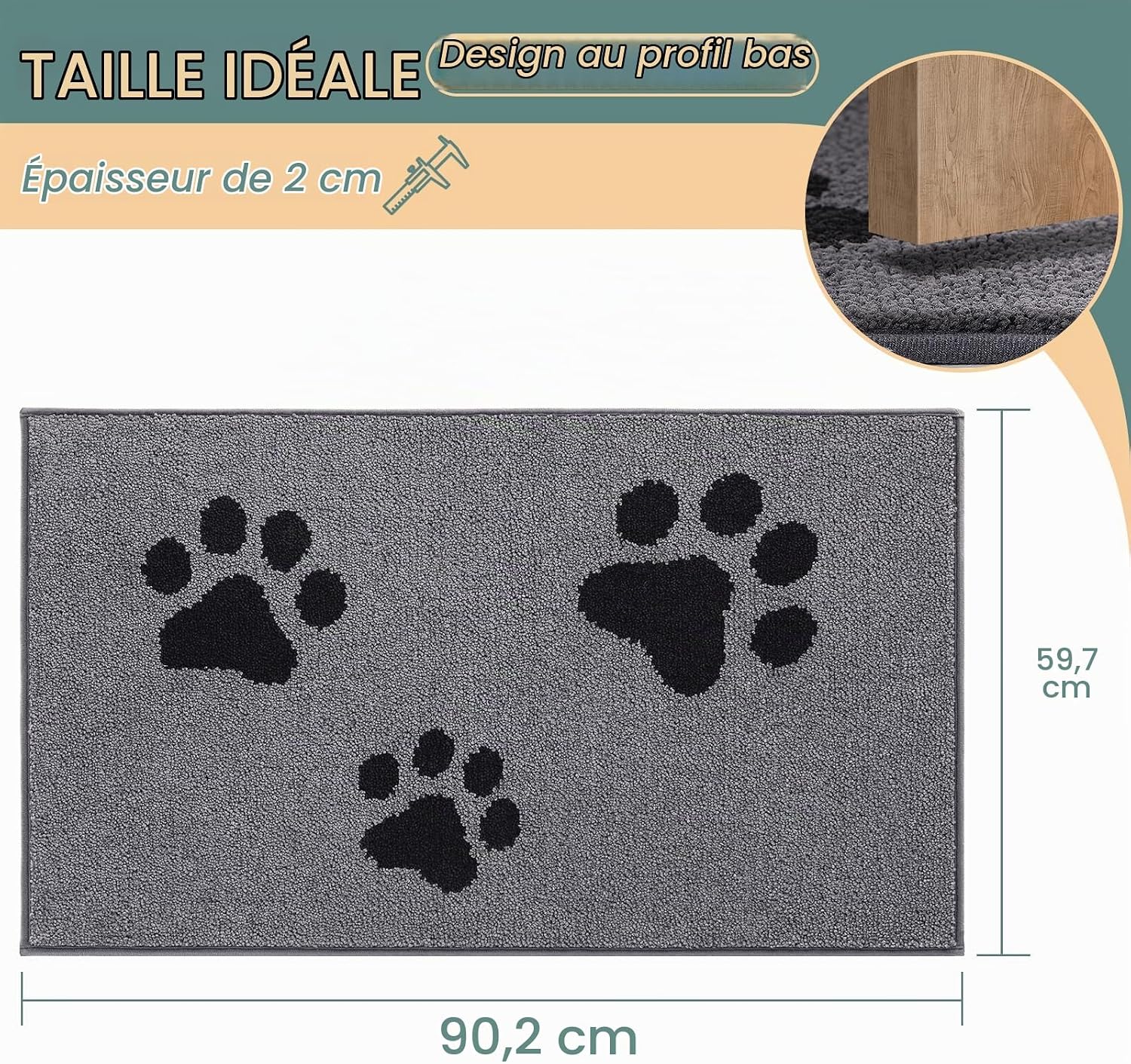 Detalle de Mibao MBTR304-6090-GY hondenmat voor binnen, 60 x 90 cm, absorberend en wasbaar
