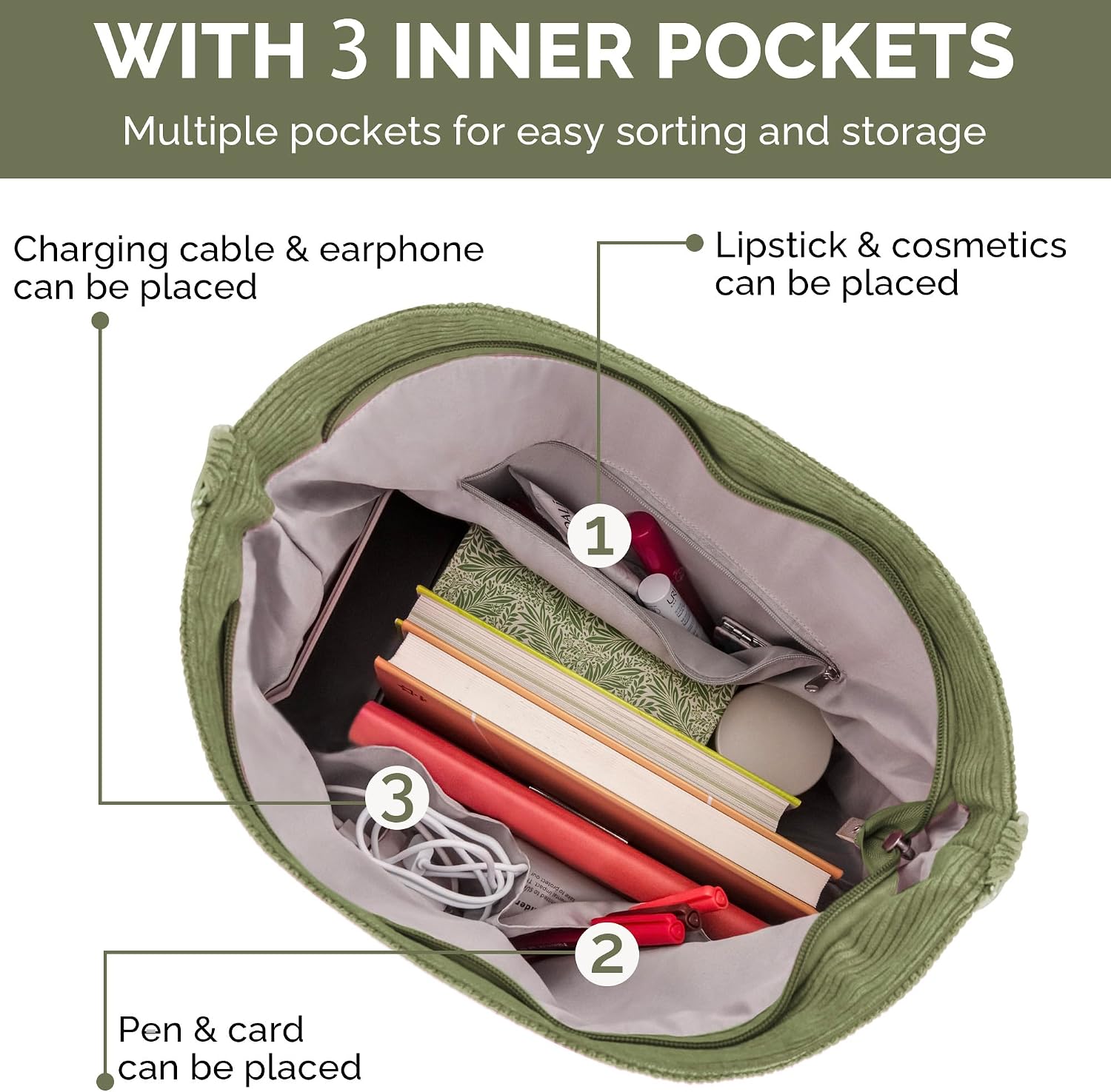 Thumbnail 3 de Prite corduroy tote bag for women with zip, adjustable shoulder strap & pockets
