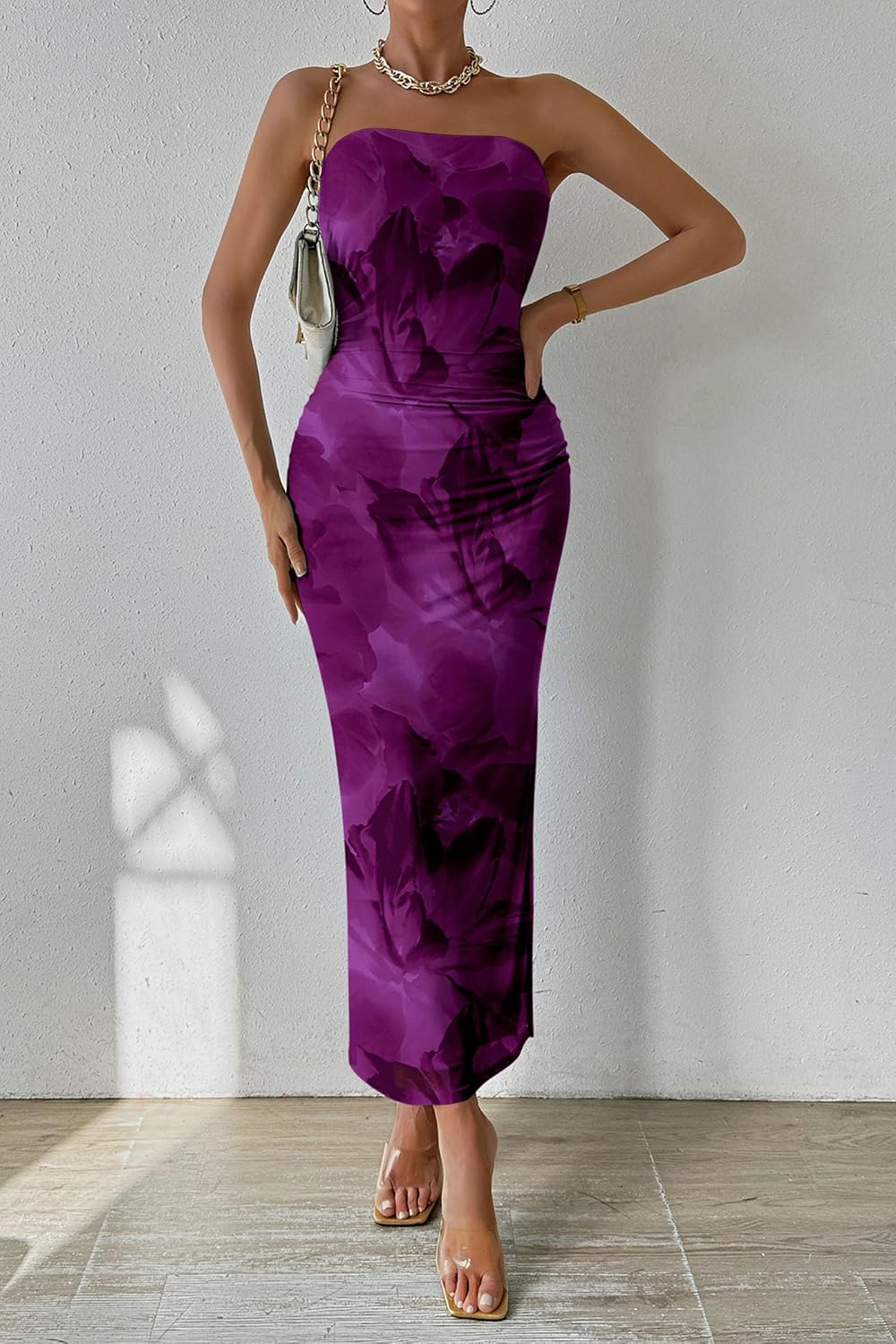 Thumbnail 3 de PRETTYGARDEN Women's Strapless Bodycon Floral Maxi Dress