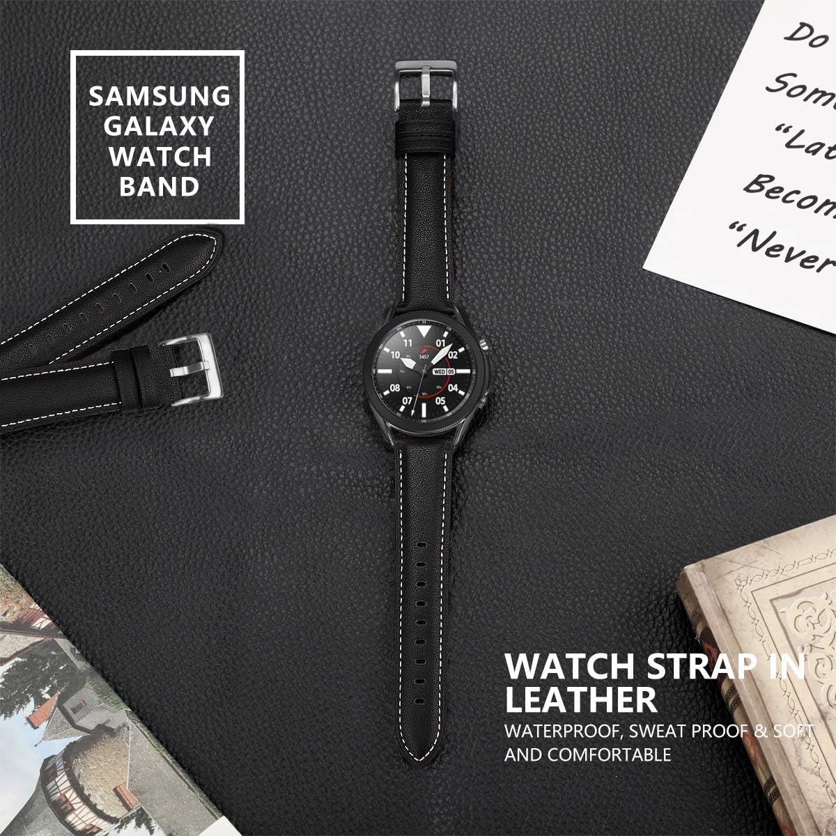 Detalle de INF Armband für Samsung Galaxy Watch 3 (45 mm) aus echtem Leder, schwarz