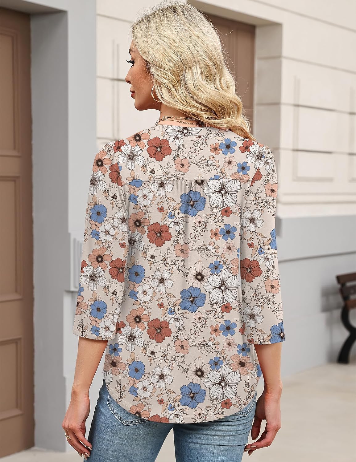 Detalle de IECCP 3/4 Sleeve Henley V-Neck Pleated Top (Womens) — Loose Fit Dressy Casual Blouse