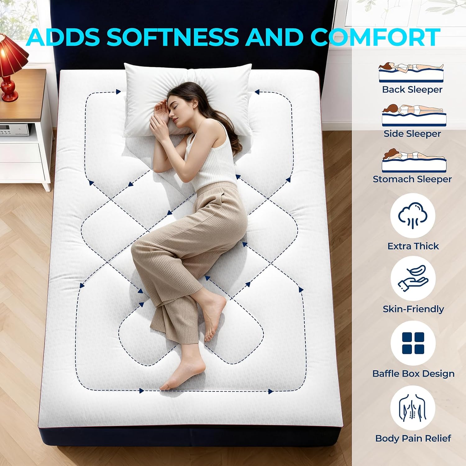 Detalle de KELTARO Queen Mattress Topper, 4-Inch Dual Layer with Gel Memory Foam