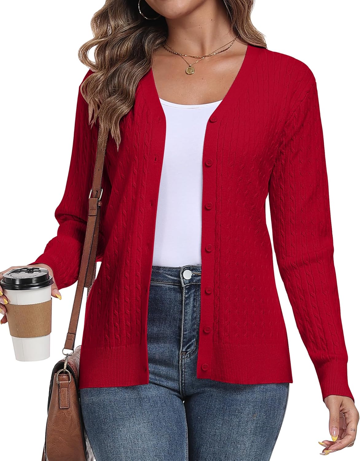 Thumbnail 6 de YUNDAI Womens Cable Knit Cardigan V Neck