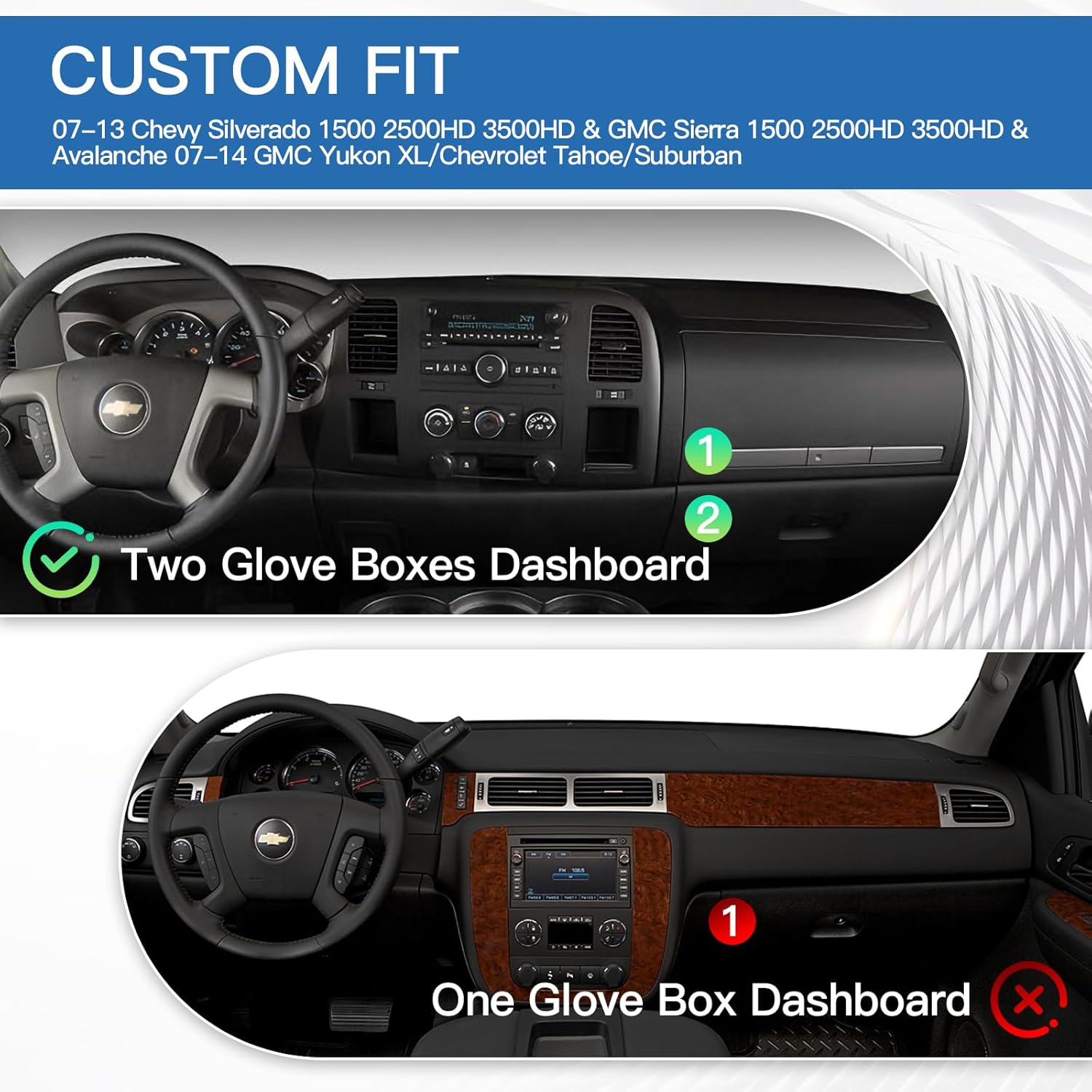 Thumbnail 1 de KUST Upgraded Dash Cover (Only Fit 2 Glove Box Dash) for 2007-13 Chevy Silverado & GMC Sierra 1500/2500HD/3500HD + 2007-14 Tahoe/Suburban/Yukon (Black)