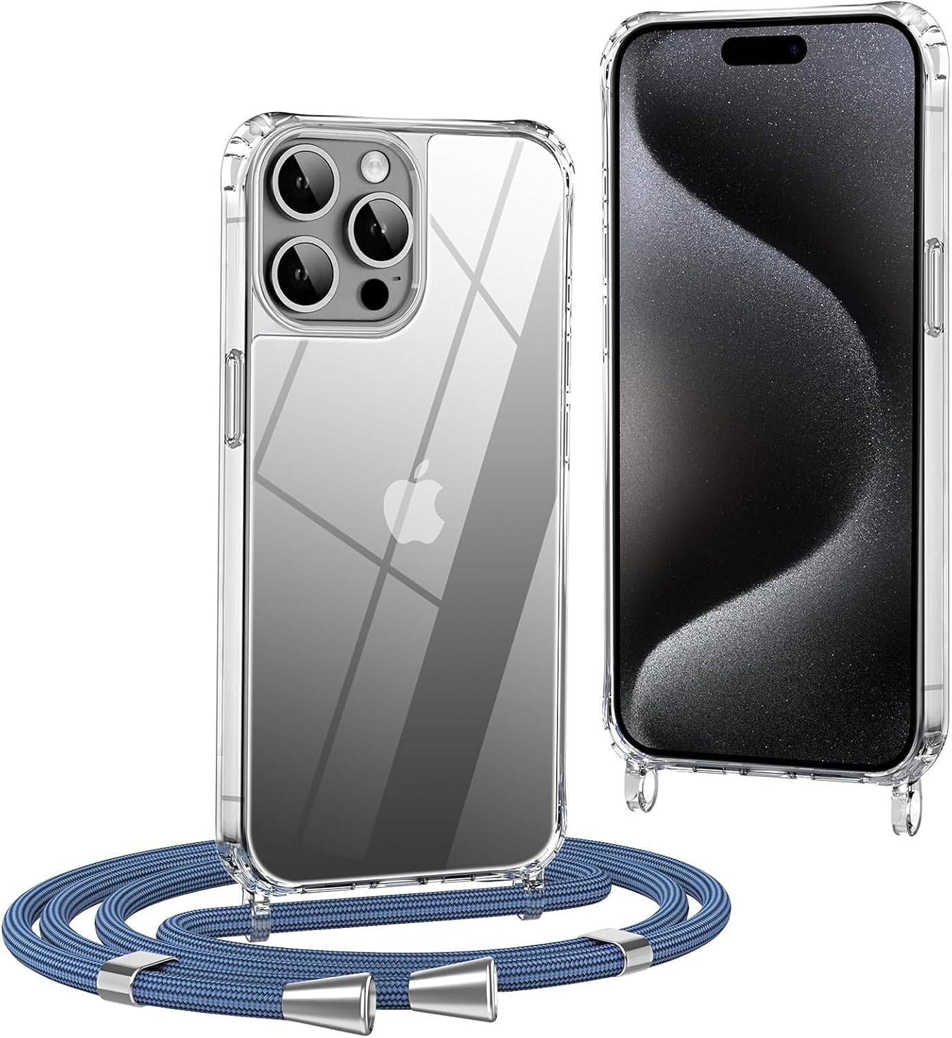 Detalle de OLEPHY Cover trasparente con cordino per iPhone 15 Pro Max 6,7" con tracolla regolabile antiurto e anti-graffio, blu