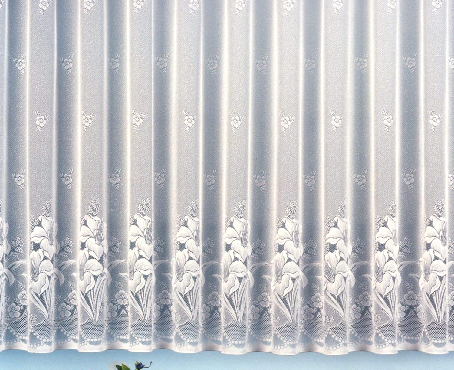 Detalle de Heimtexland firana żakardowa 175 × 450 cm, biała, z kwiatowym wzorem i taśmą