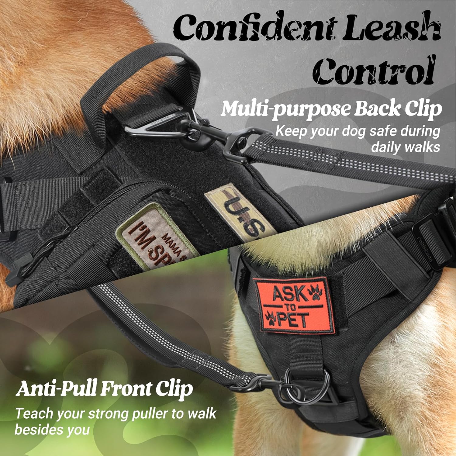 Detalle 2 de Rabbitgoo Tactical Dog Harness for Large Breeds (MOLLE Service Vest, Handle, No-Pull) — Black