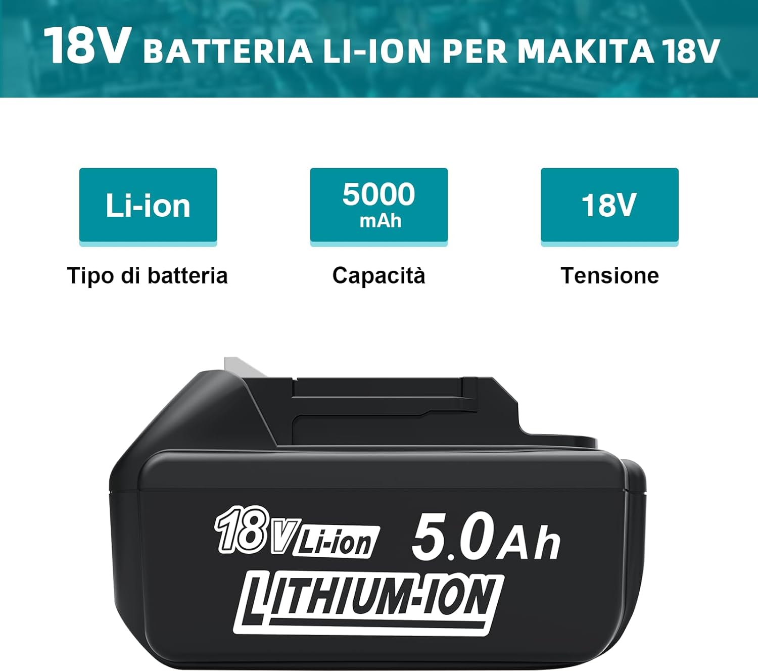 Detalle de Batterie di ricambio Makita 18V da 2 pezzi da 5.0Ah (5000mAh) Li‑ion, compatibili con BL1860 e altri modelli
