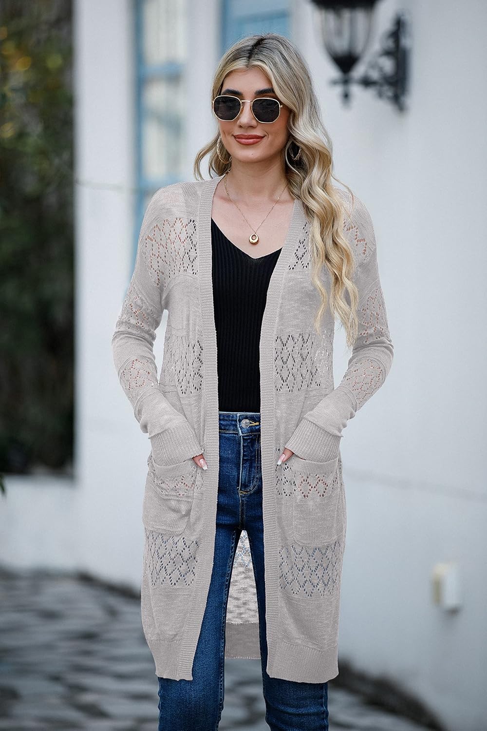 Detalle de GRECERELLE Damen Sommer-Strickjacke lang mit Lochmuster (offen, leichter Cardigan)