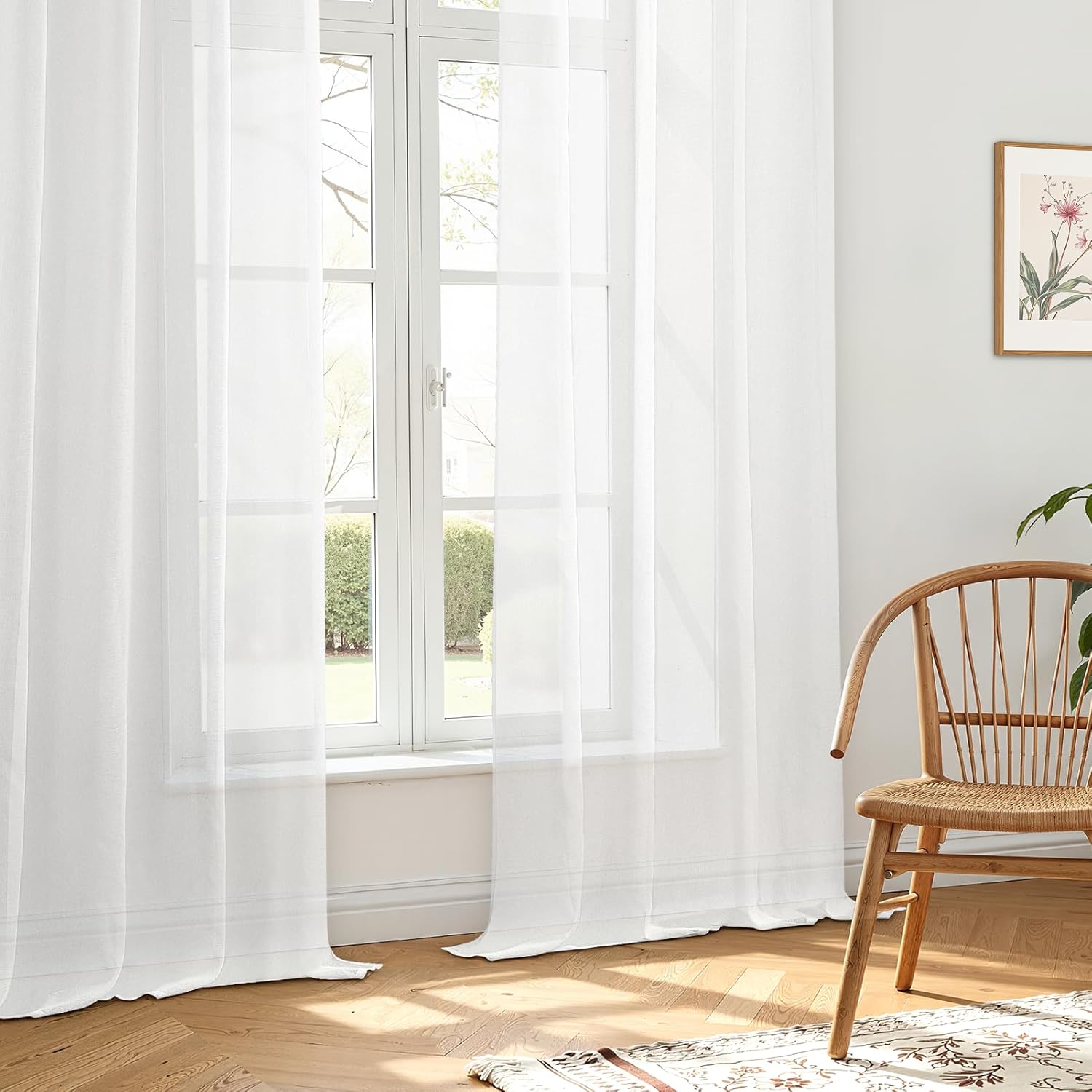 Detalle de MRTREES White Voile Curtains 72" Drop Pair (52x72 Inch) – sheer faux linen eyelet panels