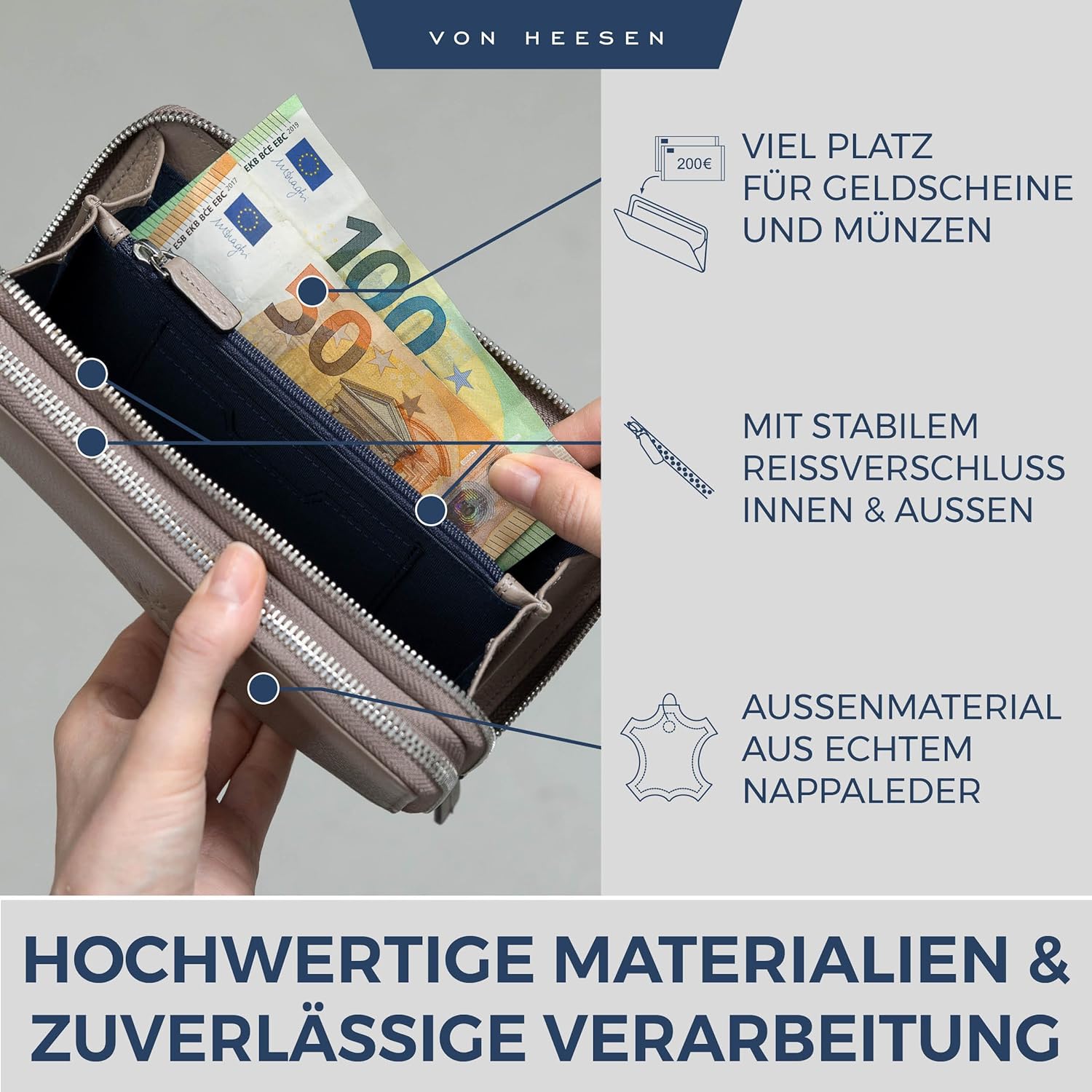 Thumbnail 5 de VON HEESEN Leder Geldbörse mit RFID-Schutz – Portemonnaie aus echtem Nappaleder mit Münzfach in Taupe