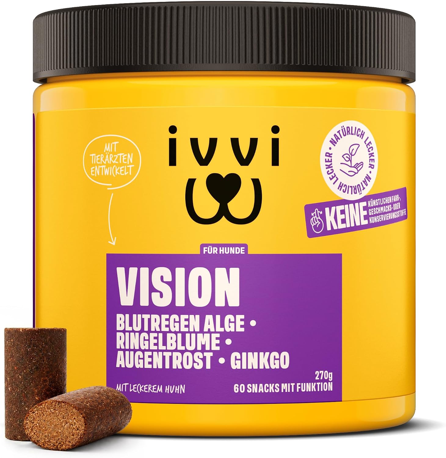 Detalle de ivvi Vision Augenpflege Snacks für Hunde mit DHA, Astaxanthin & Blaubeere – 60 weiche Snacks