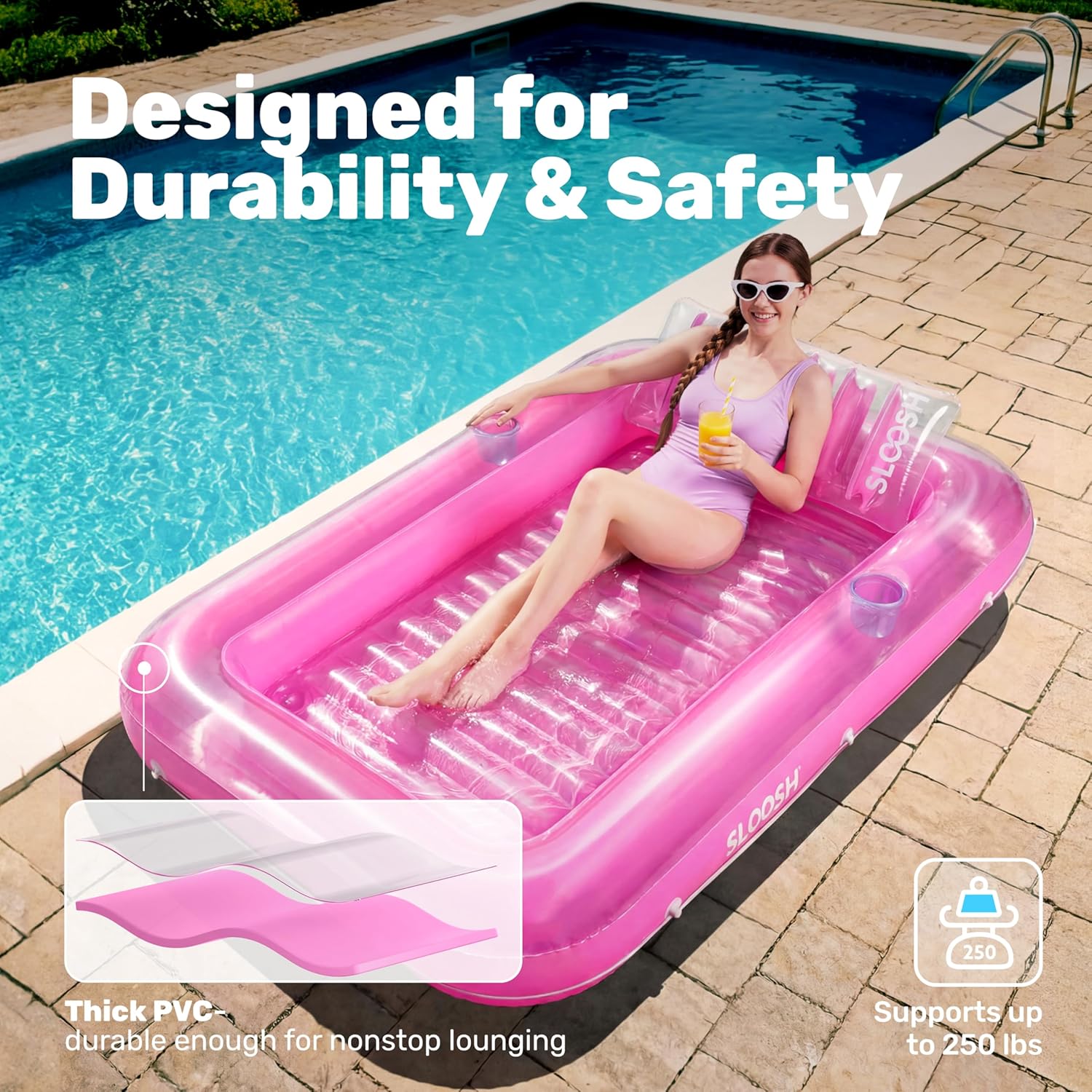Thumbnail 4 de SLOOSH Inflatable Tanning Pool Lounger Float (70" x 46"), Pink - 4-in-1 Suntan Tub Raft