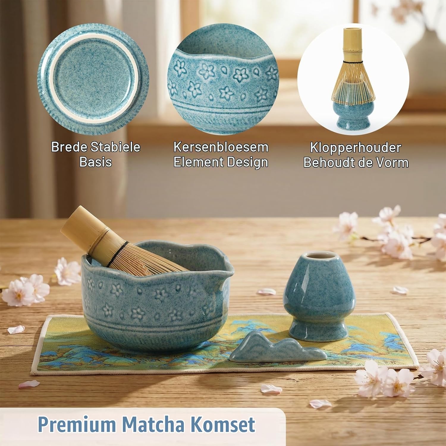 Detalle de VONATES Matcha whisk set matchaset met kersenbloesemkom en bamboeaccessoires