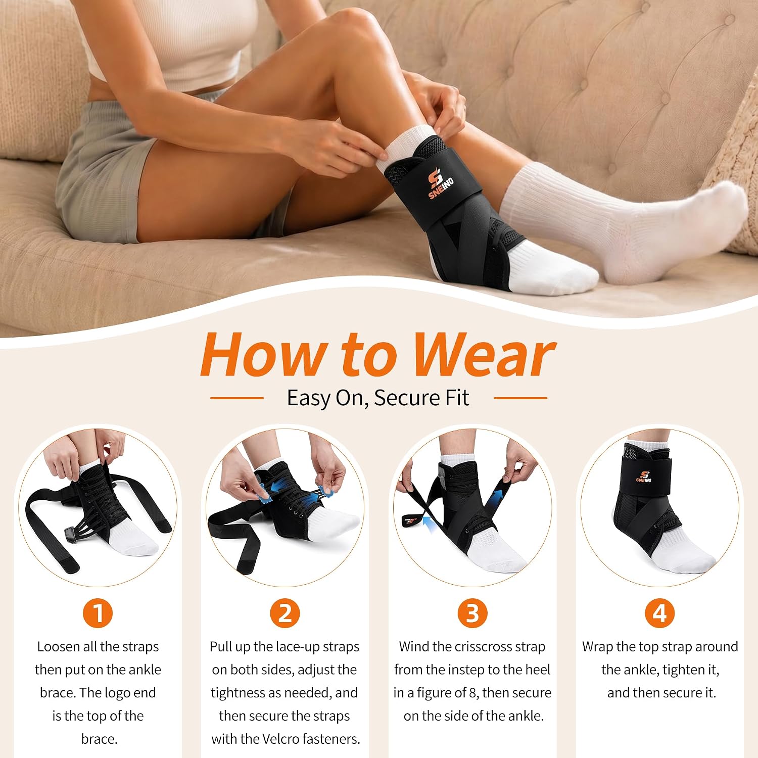 Detalle de SNEINO Ankle Brace, Medium Black Lace-Up Support with Adjustable Straps